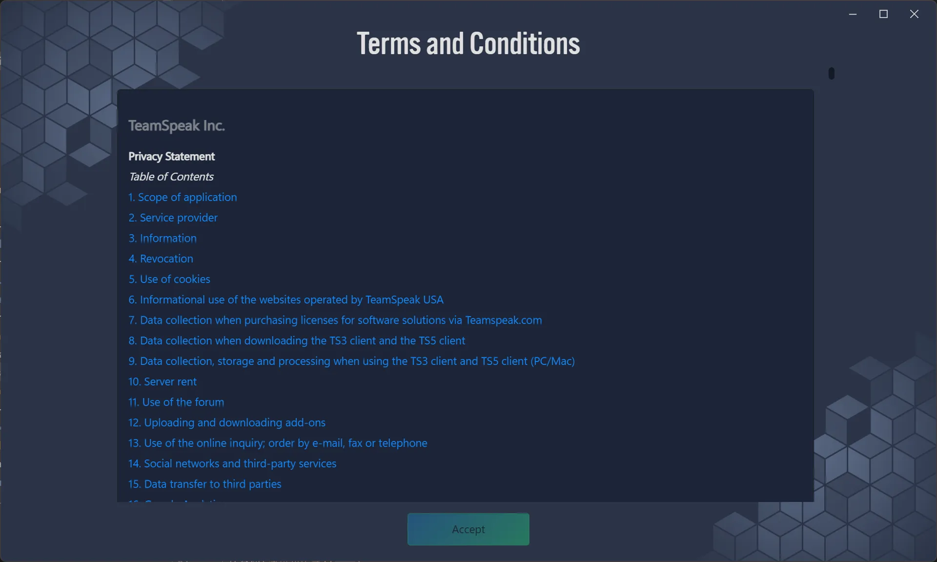 使用条款 Terms and Conditions 窗口截图